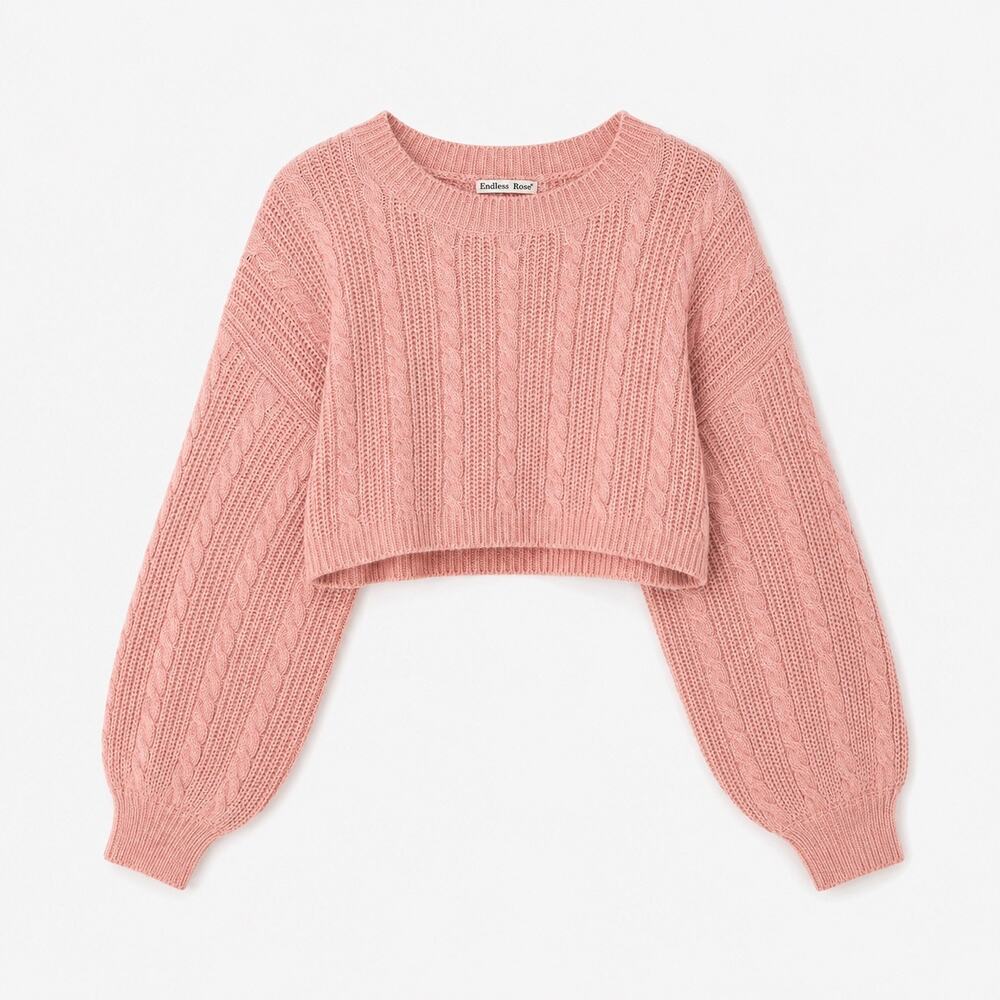 Bailey Rose Pink Cable Knit Cropped Sweater Balloon Sleeve Size M
